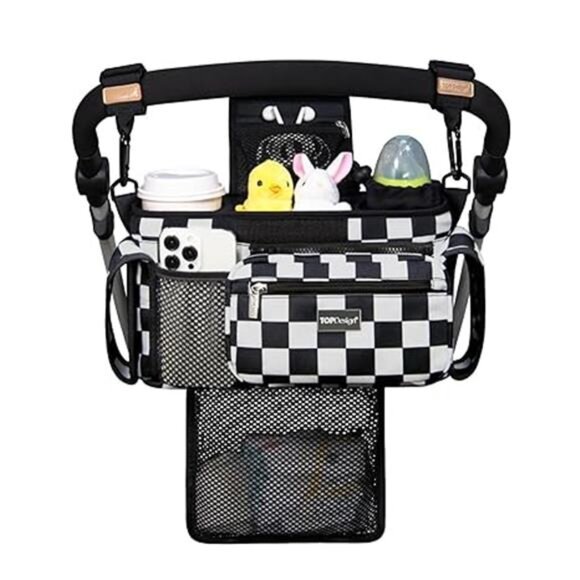 Baby stroller organizer caddy with cup holders mesh bag diaper storage black - Picture 7 of 7